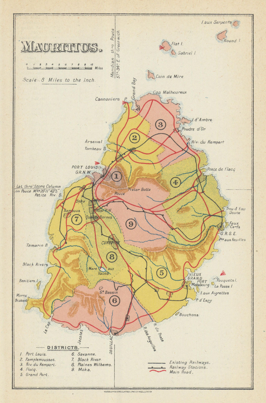 Mauritius showing lighthouses, railways & districts by Waterlow & Sons 1919 map